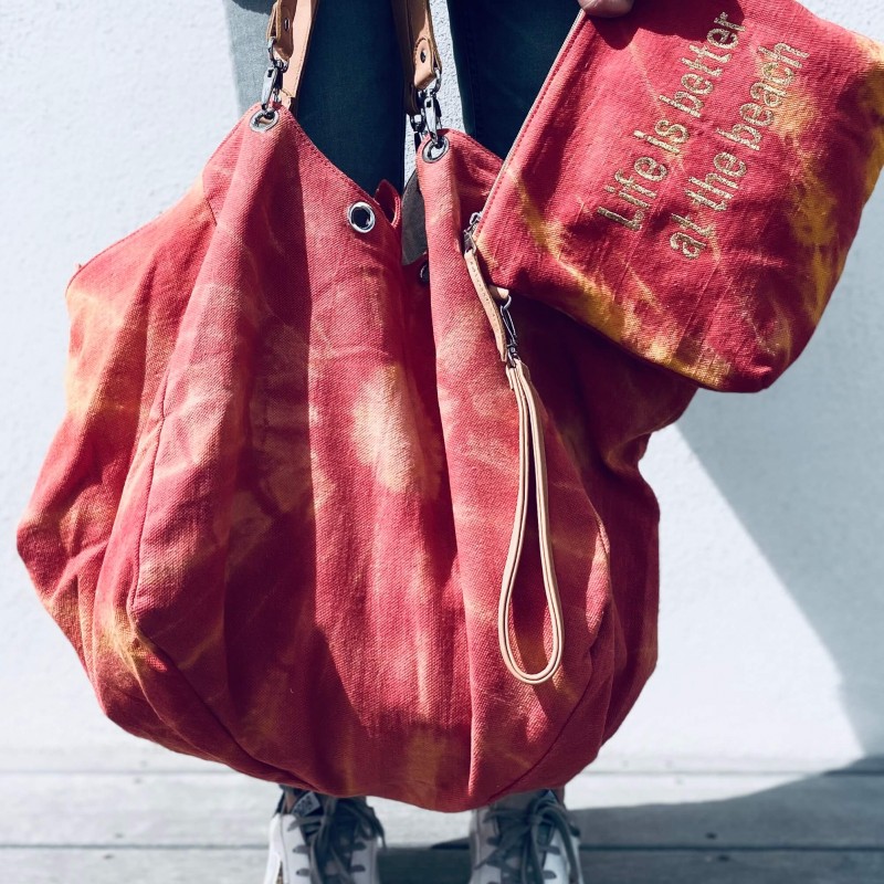 Grand sac en tissu écru et rouge avec anses