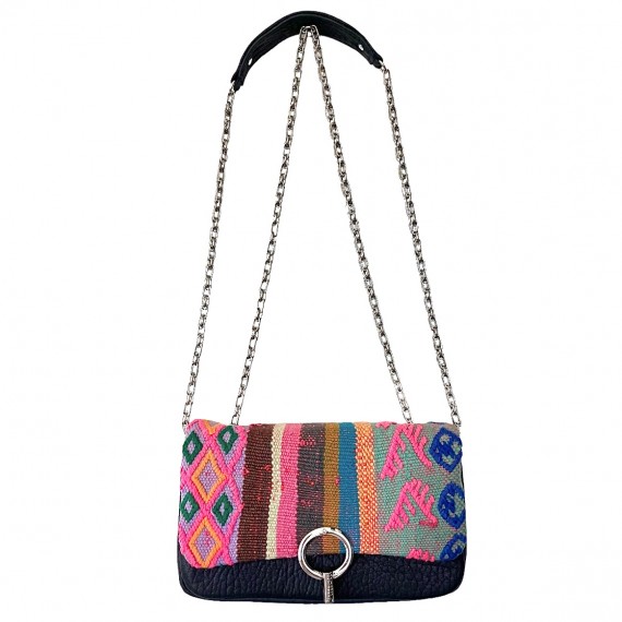 BOHO MISTER ROCK CUIR BUBBLE NOIR/ KILIM, CHAINE ARGENTEE